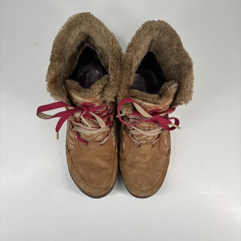 Columbia Women’s Brown Suede Quilted Winter Boots - Tan with Red Accents